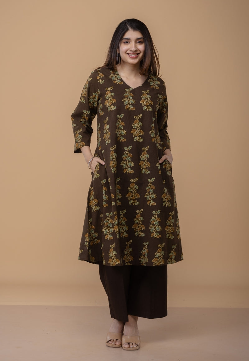 Sayali Brown Ajrakh Cotton A Line Kurta