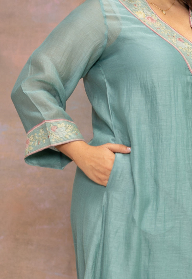 Gul Blue Solid Chanderi Silk A Line Kurta with Embroidery
