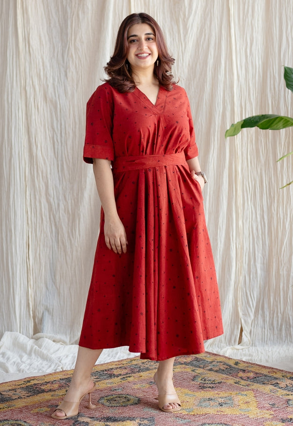 Dhvija Red Ajrakh Cotton A Line Dress with Hand Embroidery