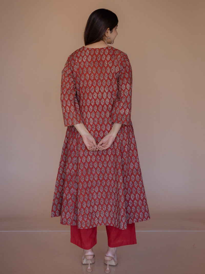 Malika Red Bagru Cotton Kali Kurta