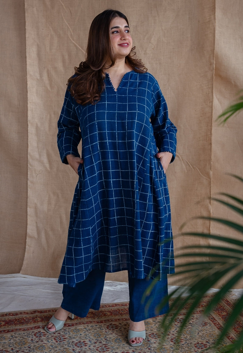 Falaq Indigo Jhabba Kali Dabu Slub Cotton Kurta