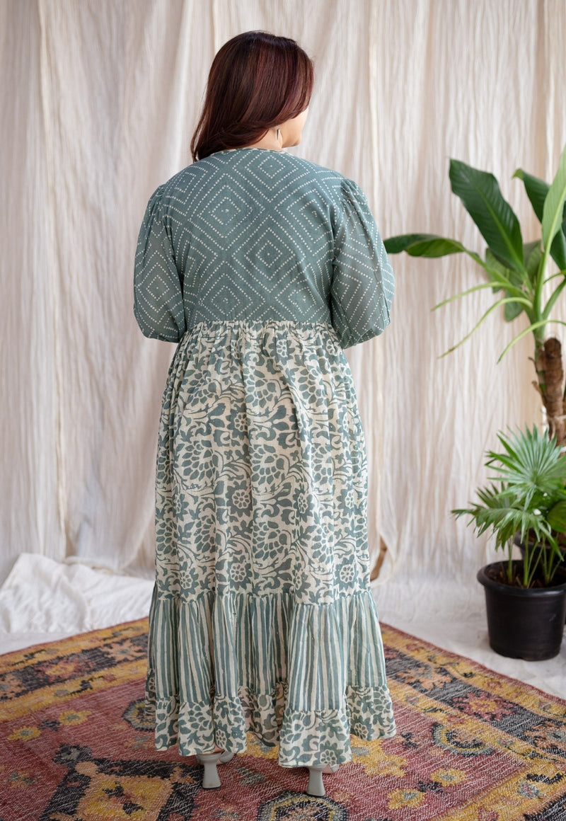 Divisha Green Batik MulMul Cotton A Line Dress