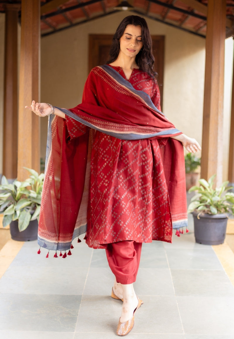 Ayra Madder Ajrakh Chanderi Silk Jhabba Kali Kurta with Hand Embroidery