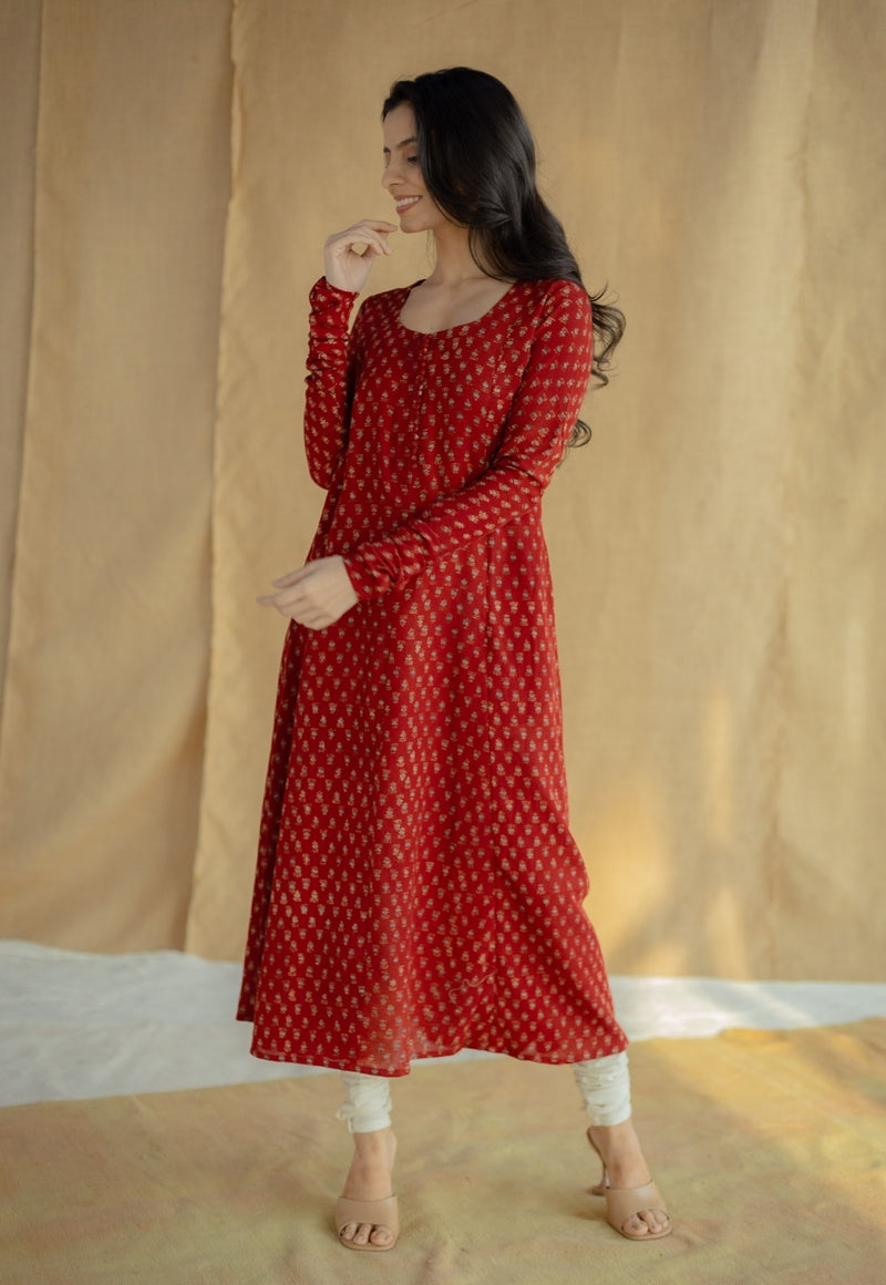 Akrita Red Ajrakh Moss Cotton Kali Kurta