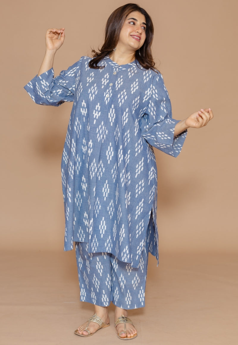 Ayaat Blue Handloom Ikkat Cotton Straight Kurta