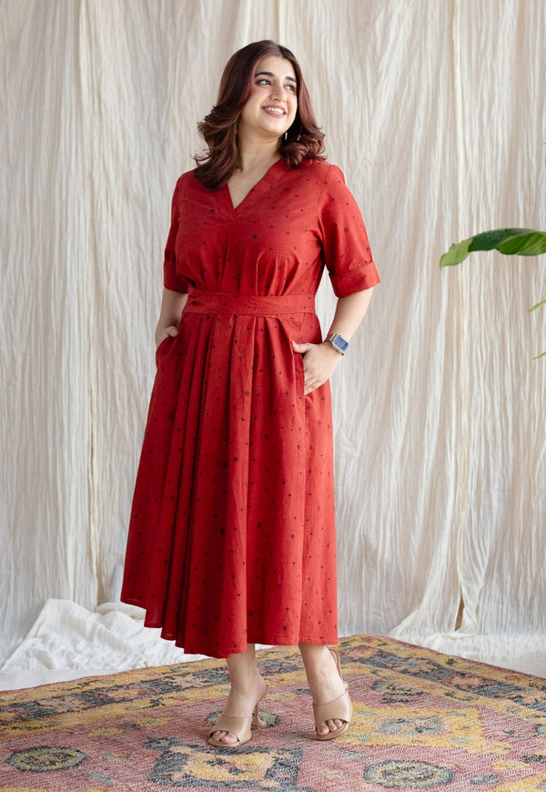 Dhvija Red Ajrakh Cotton A Line Dress with Hand Embroidery