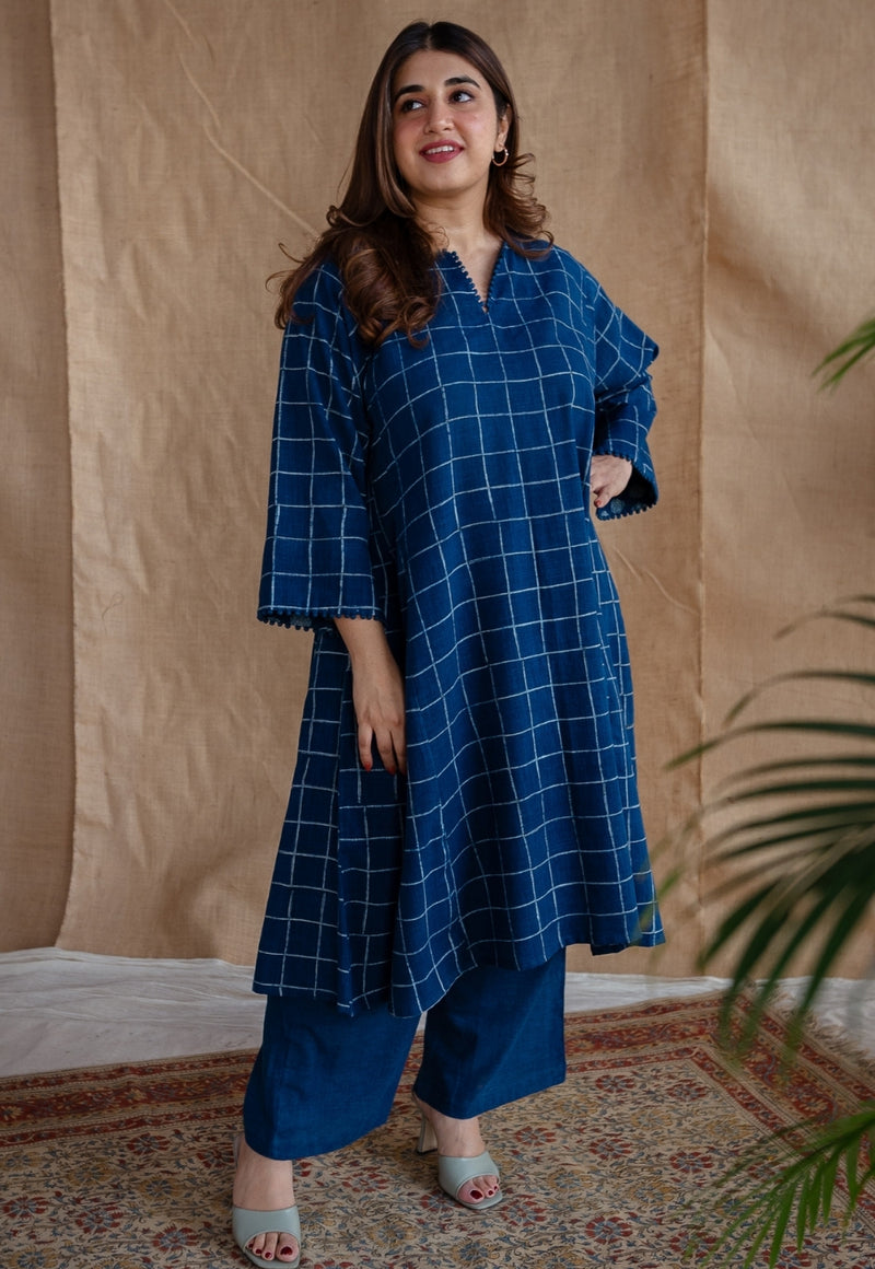 Falaq Indigo Jhabba Kali Dabu Slub Cotton Kurta