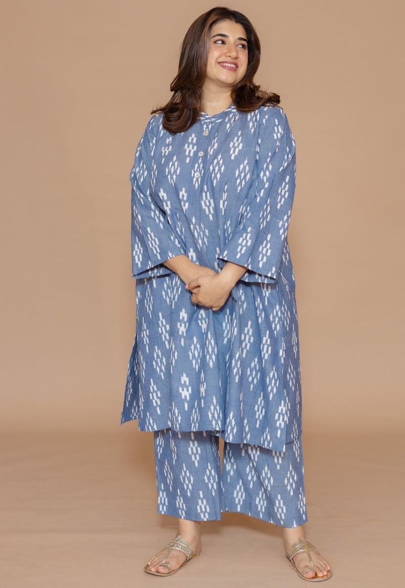 Ayaat Blue Handloom Ikkat Cotton Straight Kurta