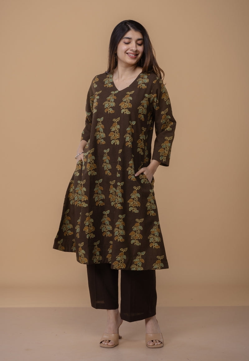 Sayali Brown Ajrakh Cotton A Line Kurta
