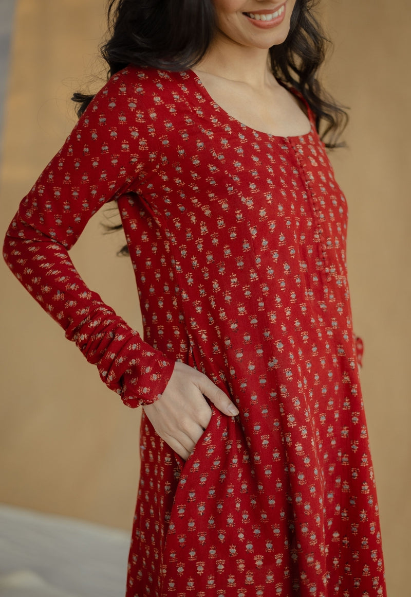 Akrita Red Ajrakh Moss Cotton Kali Kurta