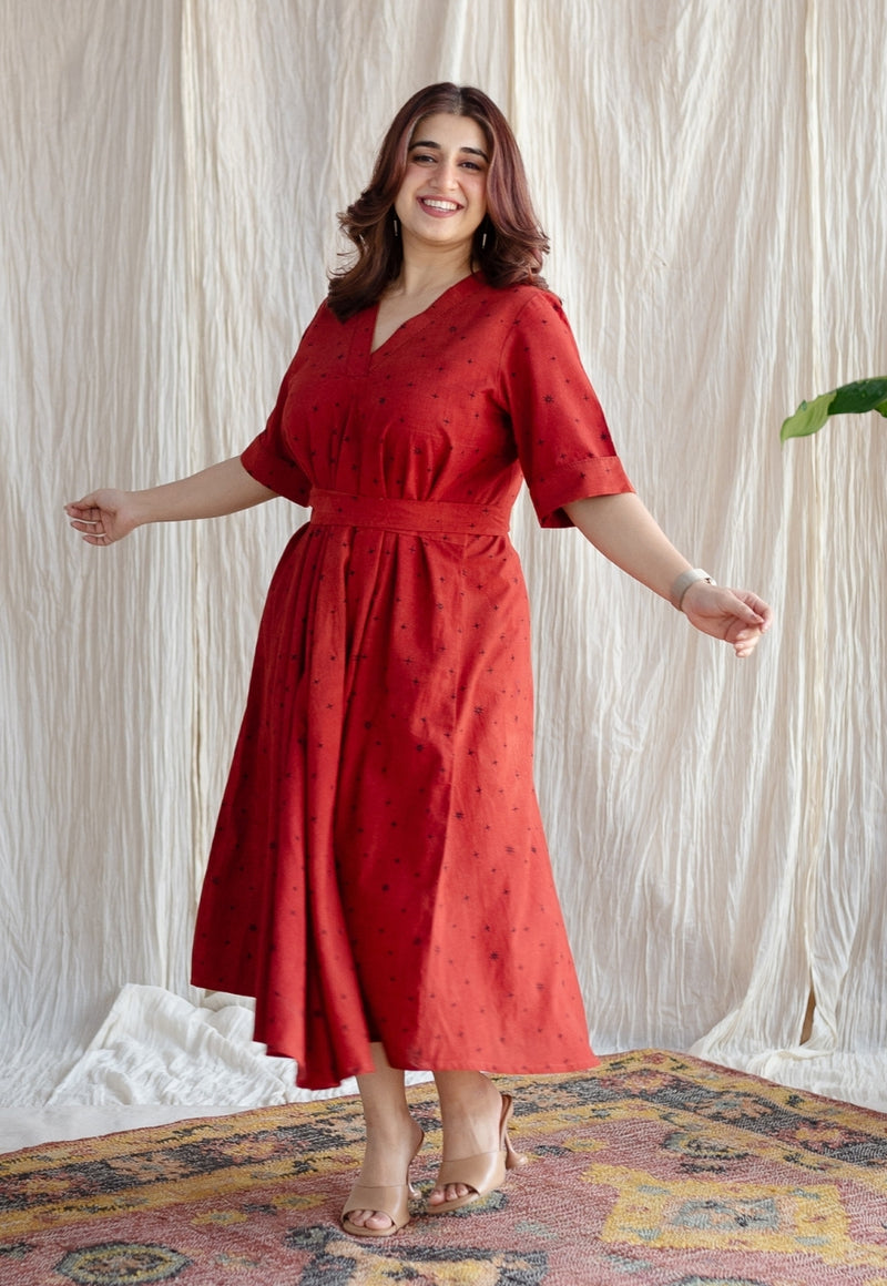 Dhvija Red Ajrakh Cotton A Line Dress with Hand Embroidery