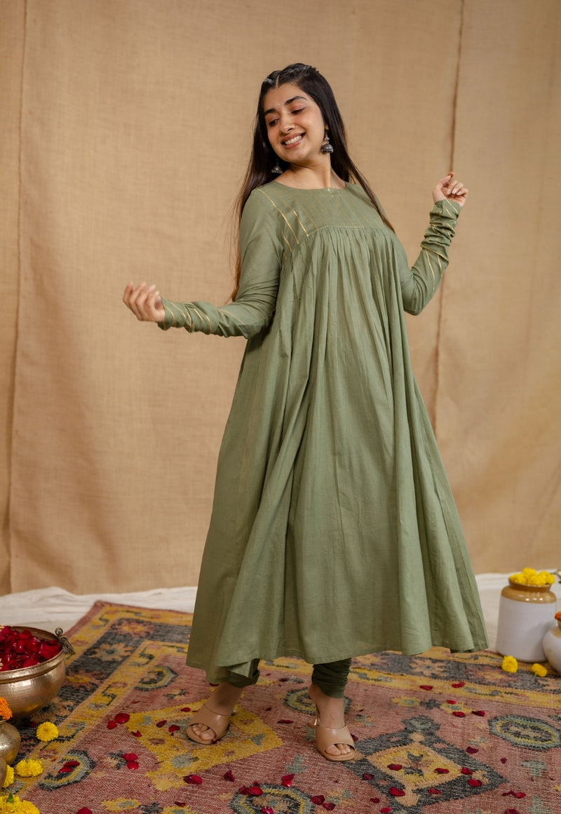 Savri Mulmul Cotton Olive Green Kurta Set (Set of 3)