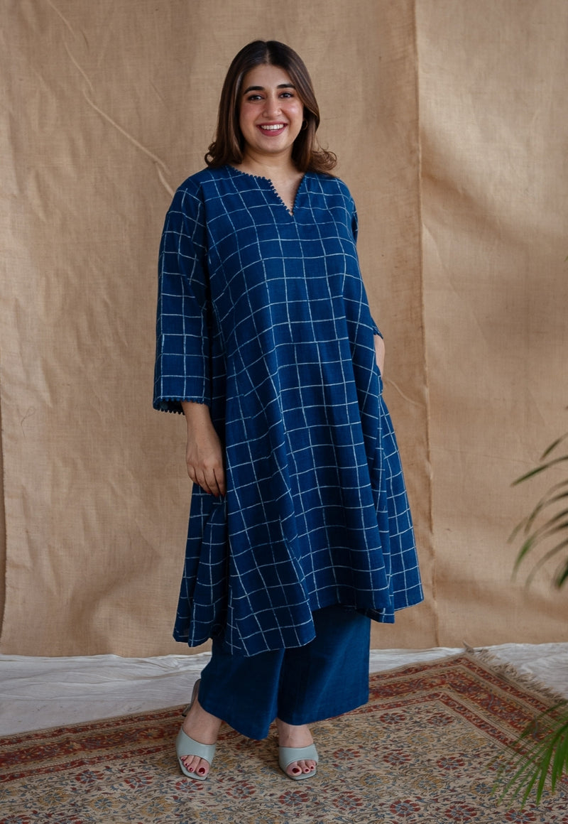 Falaq Indigo Jhabba Kali Dabu Slub Cotton Kurta