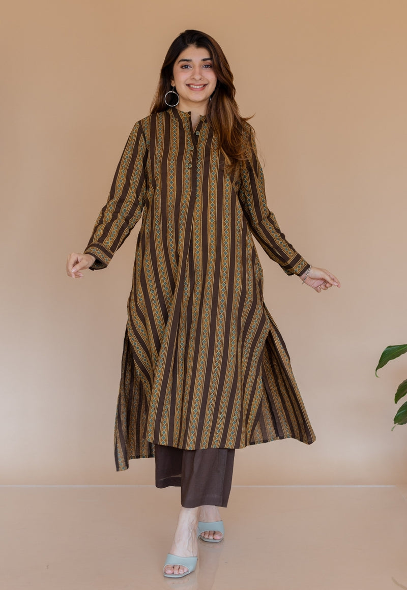 Meena Brown Ajrakh Cotton A Line Kurta