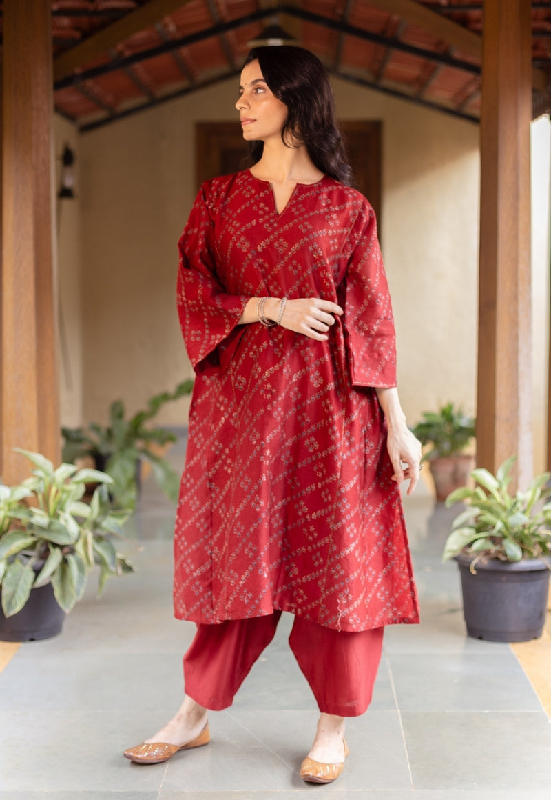 Ayra Madder Ajrakh Chanderi Silk Jhabba Kali Kurta with Hand Embroidery