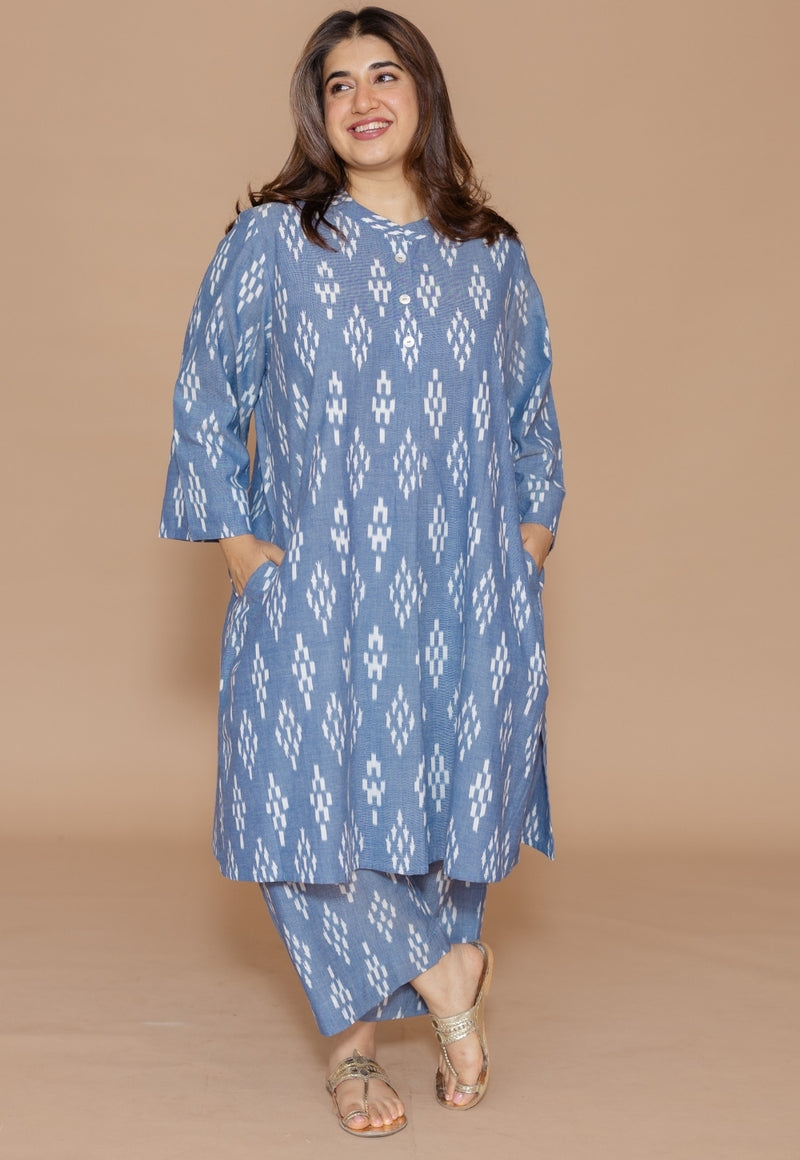 Ayaat Blue Handloom Ikkat Cotton Straight Kurta