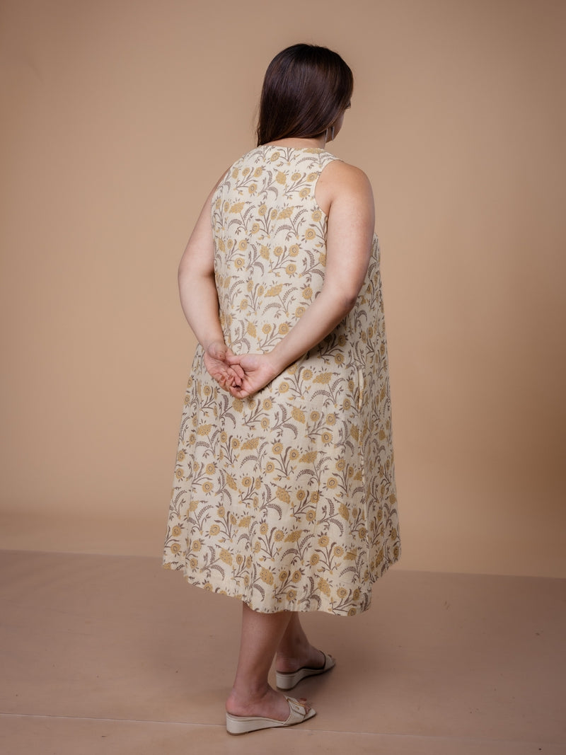 Eira Beige Ajrakh Cotton A Line Dress