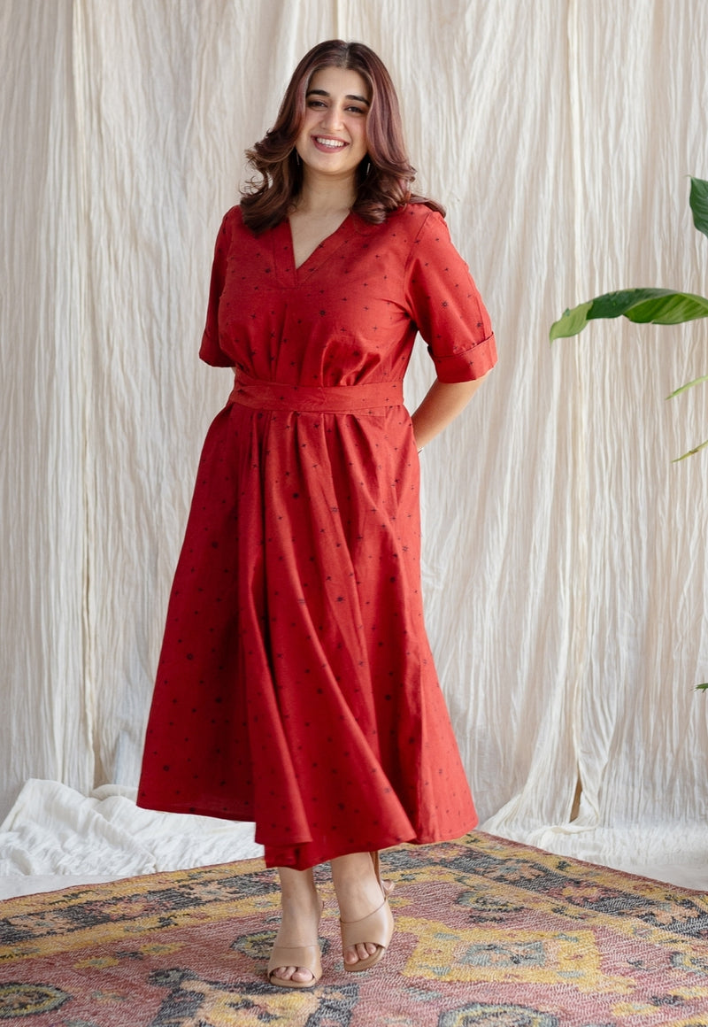 Dhvija Red Ajrakh Cotton A Line Dress with Hand Embroidery