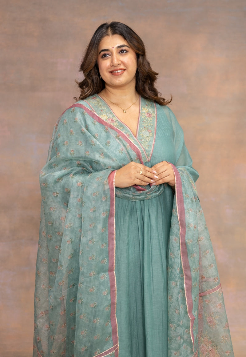 Rosalia Teal Sanganeri Kota Doria Silk Dupatta with Mukaish Detailing