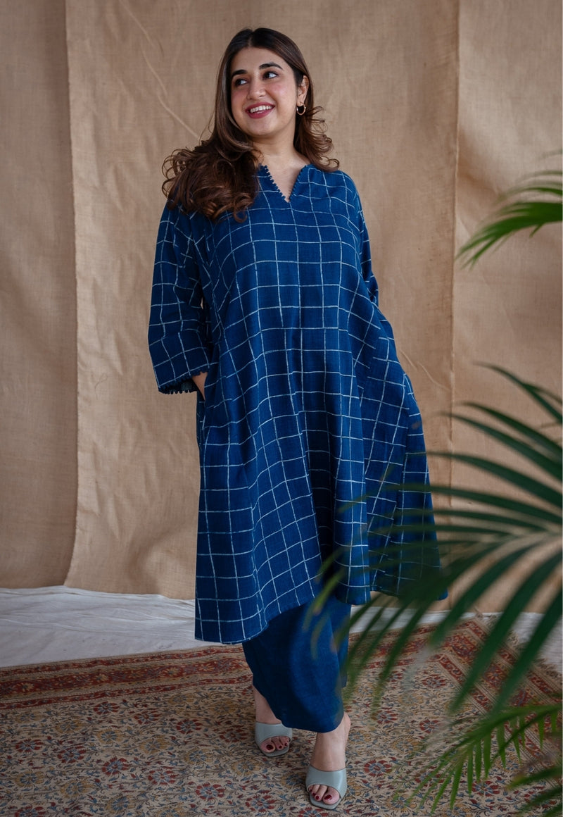 Falaq Indigo Jhabba Kali Dabu Slub Cotton Kurta