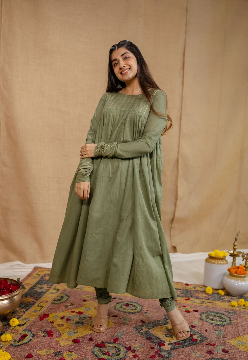 Savri Mulmul Cotton Olive Green Kurta Set (Set of 3)