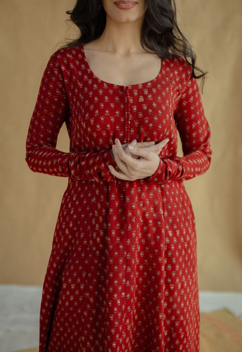 Akrita Red Ajrakh Moss Cotton Kali Kurta