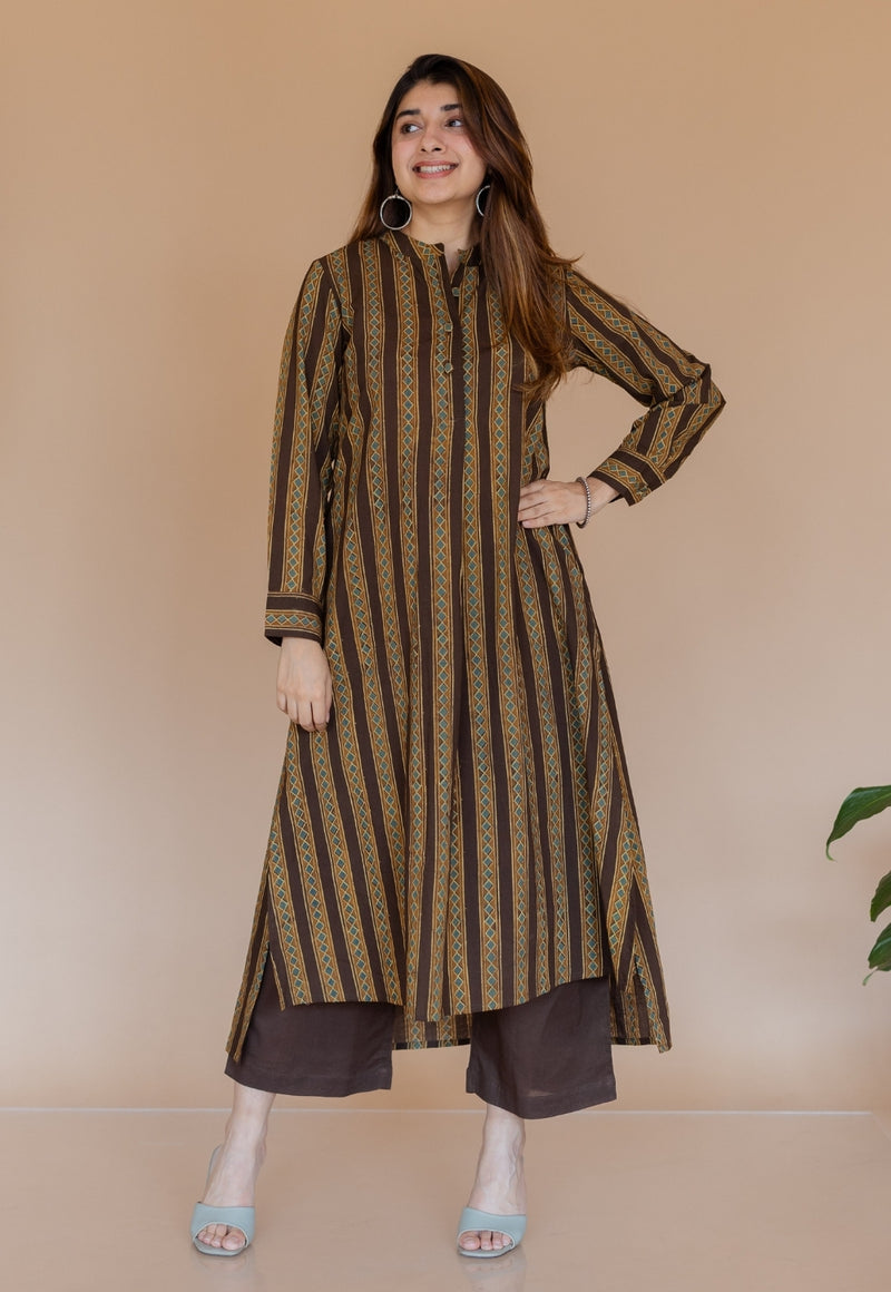 Meena Brown Ajrakh Cotton A Line Kurta