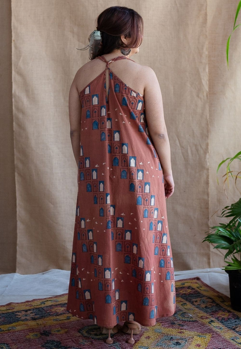 Jaipur Jharoka Brick Red Ajrakh Cotton A Line Dress