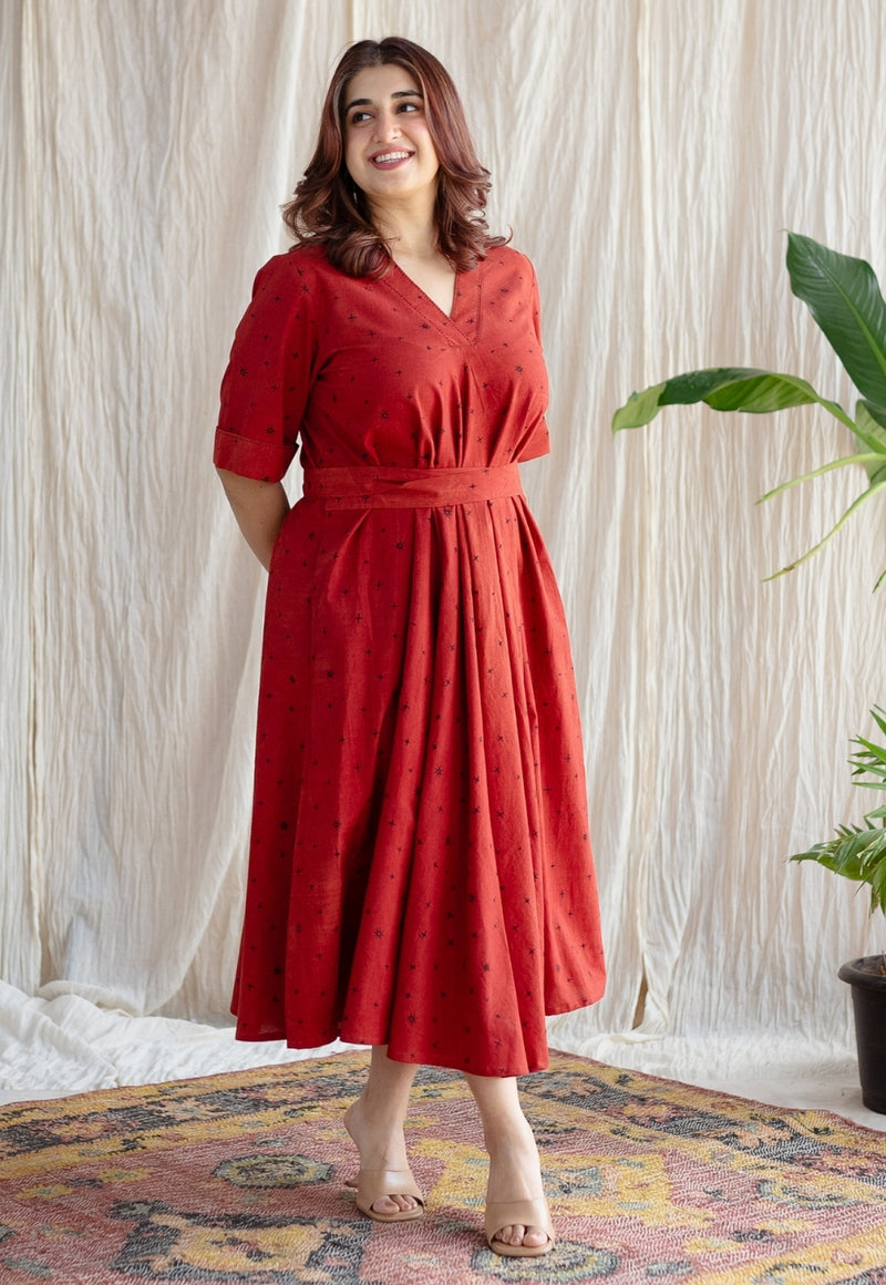 Dhvija Red Ajrakh Cotton A Line Dress with Hand Embroidery