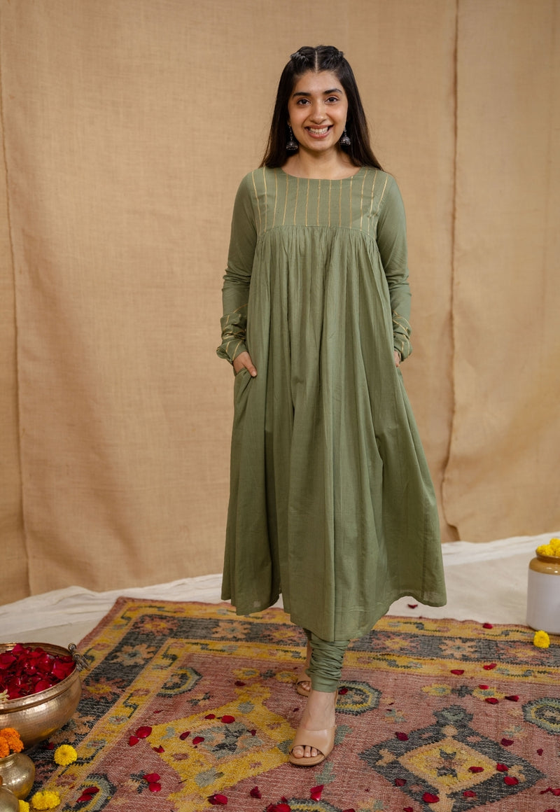 Savri Mulmul Cotton Olive Green Kurta Set (Set of 3)