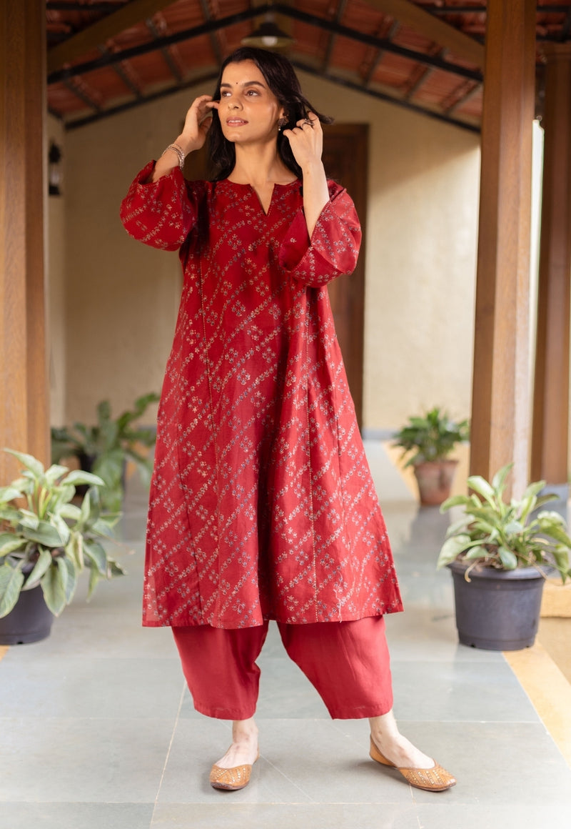 Ayra Madder Ajrakh Chanderi Silk Jhabba Kali Kurta with Hand Embroidery