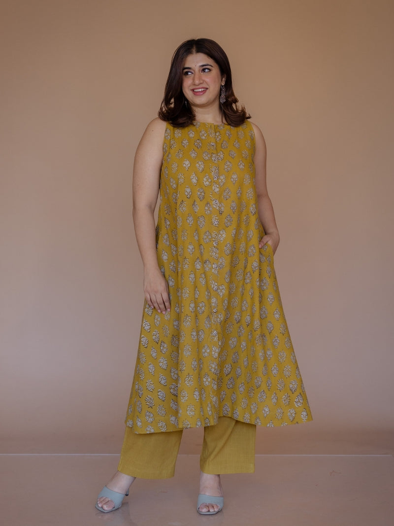 Heena Yellow Bagru Cotton A Line Kurta