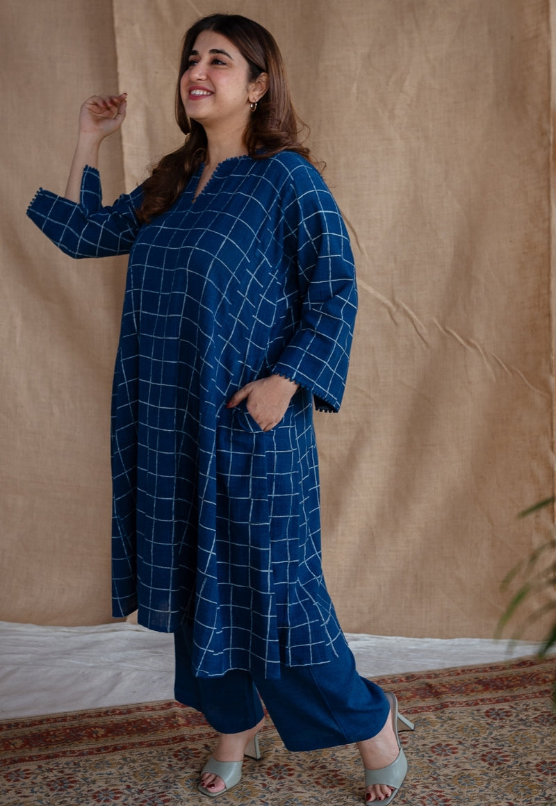 Falaq Indigo Jhabba Kali Dabu Slub Cotton Kurta