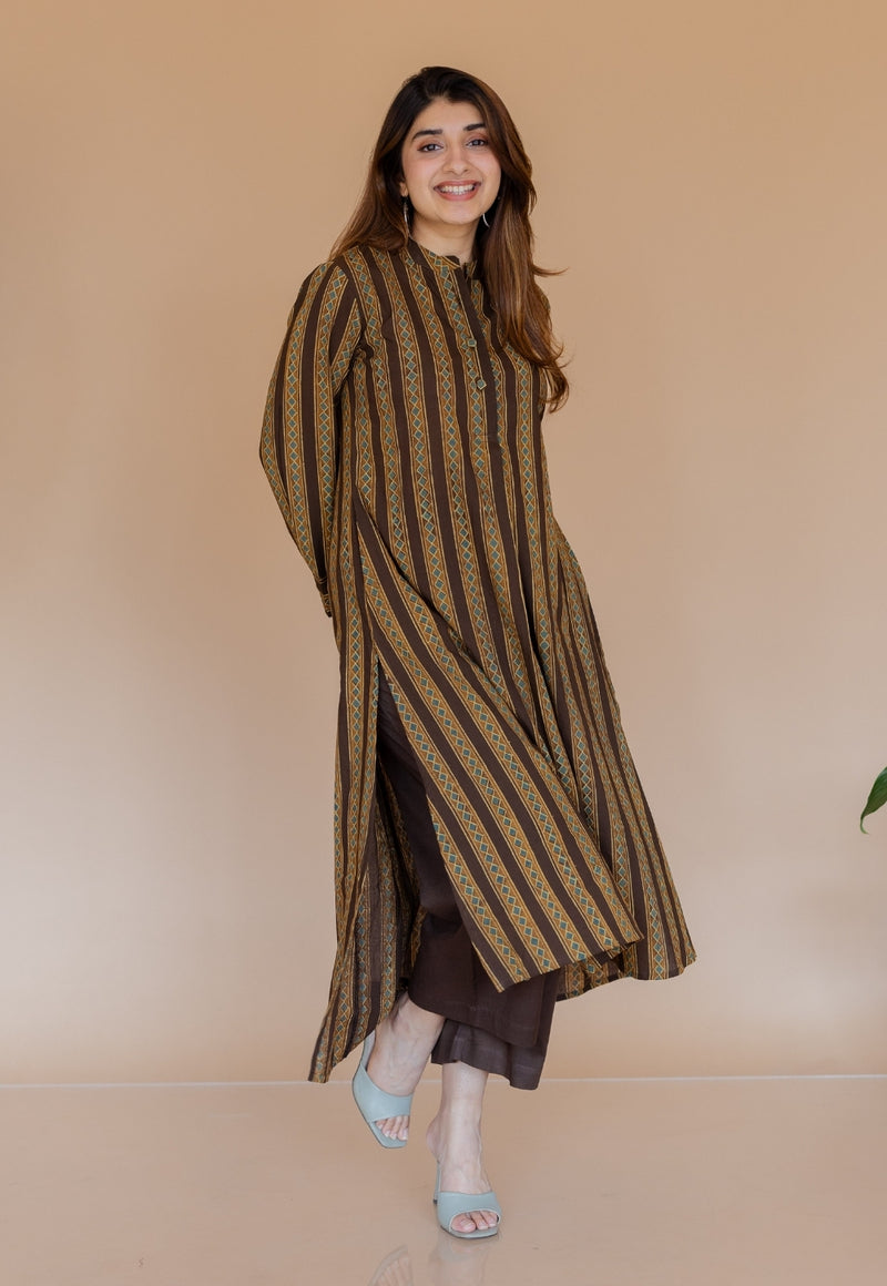 Meena Brown Ajrakh Cotton A Line Kurta