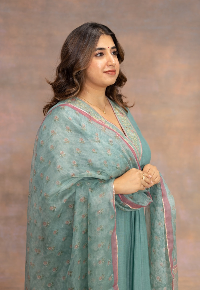 Rosalia Teal Sanganeri Kota Doria Silk Dupatta with Mukaish Detailing