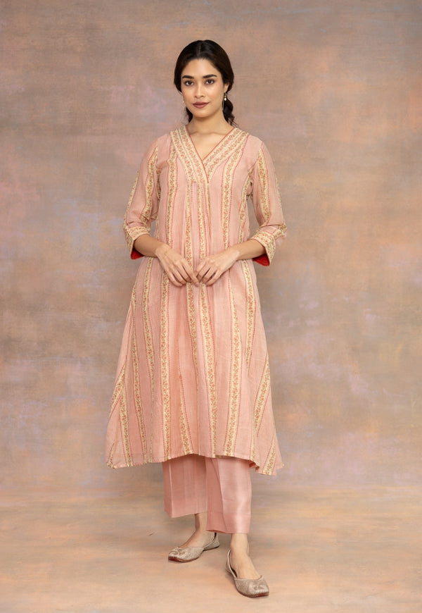 Rozhira Pink Sanganeri Chanderi Silk A Line Kurta with Lace Detailing