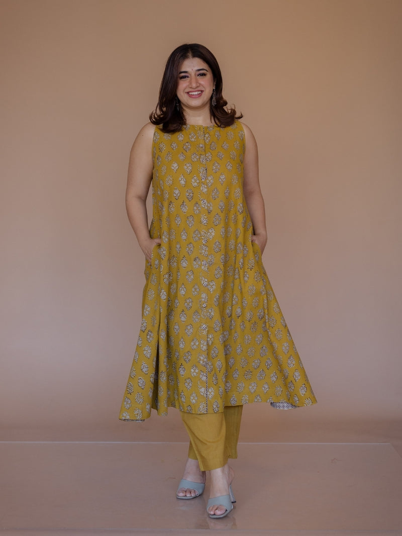 Heena Yellow Bagru Cotton A Line Kurta