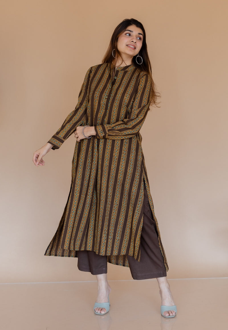 Meena Brown Ajrakh Cotton A Line Kurta