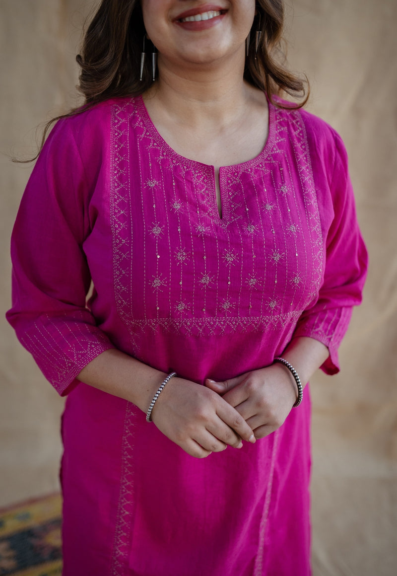 Chandini Slub Cotton Hand Embroidered Kurta | Relove