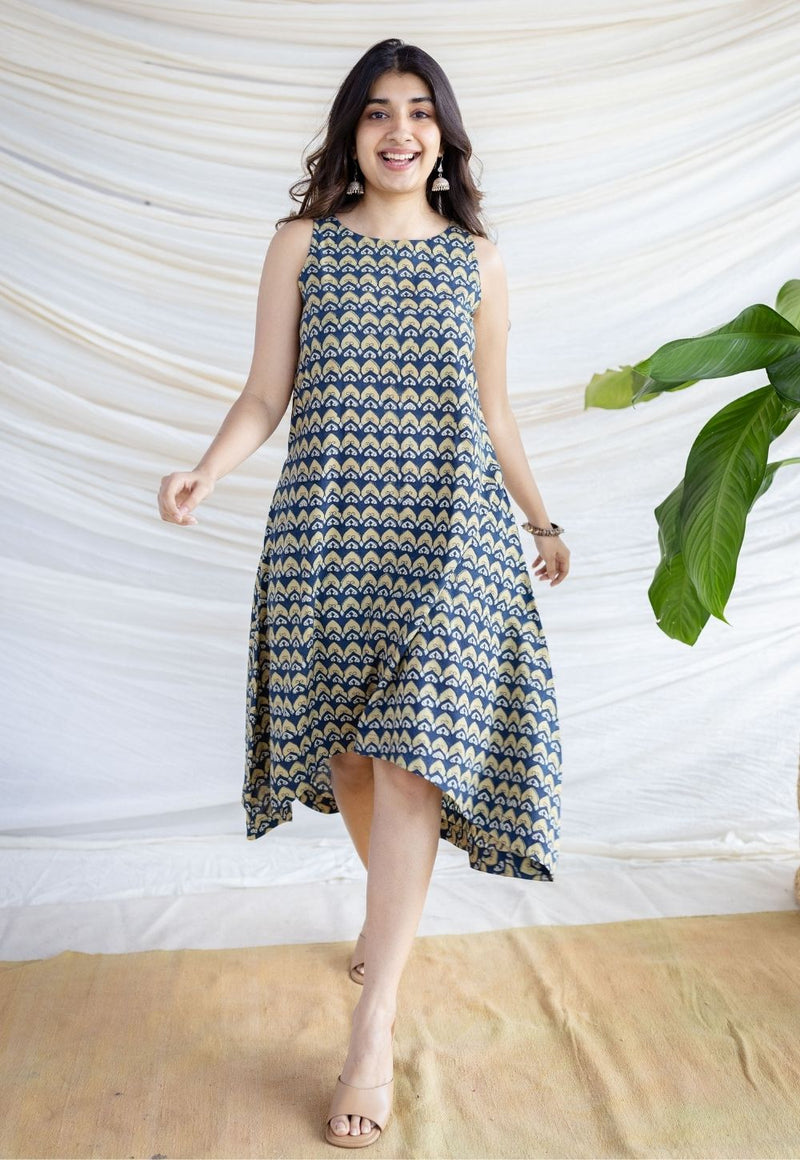 Amaja Blue Ajrakh Cotton A Line Dress