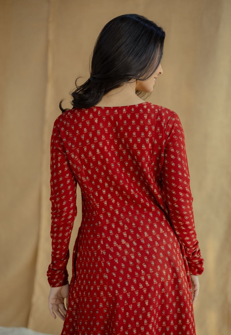 Akrita Red Ajrakh Moss Cotton Kali Kurta