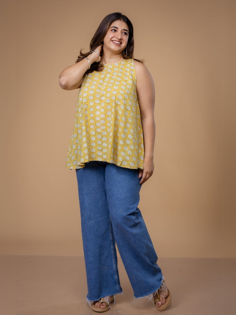 Parveen Yellow Dabu Slub Cotton A Line Short Top