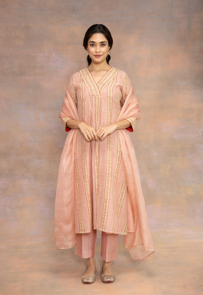 Rozhira Pink Sanganeri Chanderi Silk A Line Kurta with Lace Detailing