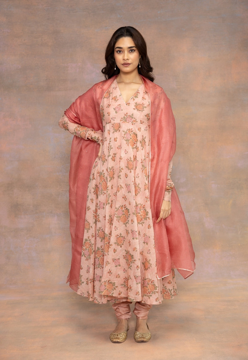 Rozhira Pink Sanganeri Chanderi Silk A Line Kurta with Hand Embroidery