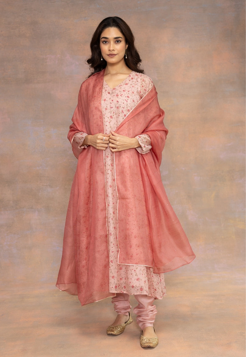 Rose Pink Sanganeri Chanderi Silk Kali Kurta with Hand Embroidery