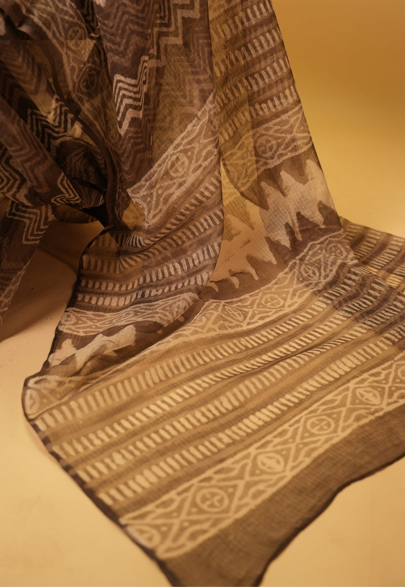 Brown Chevron Dabu Hand Block Print Kota Doria Saree