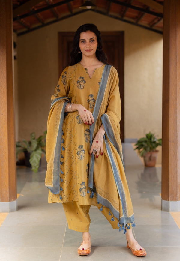 Sonia Mustard Ajrakh Chanderi Silk Kali Kurta with Hand Embroidery