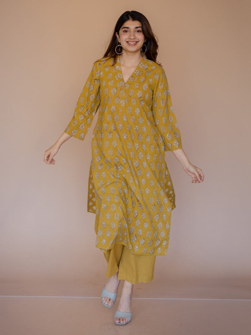 Avika Yellow Bagru Cotton Straight Kurta