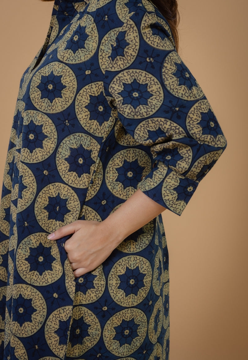 Ridah Blue Ajrakh Cotton A Line Dress