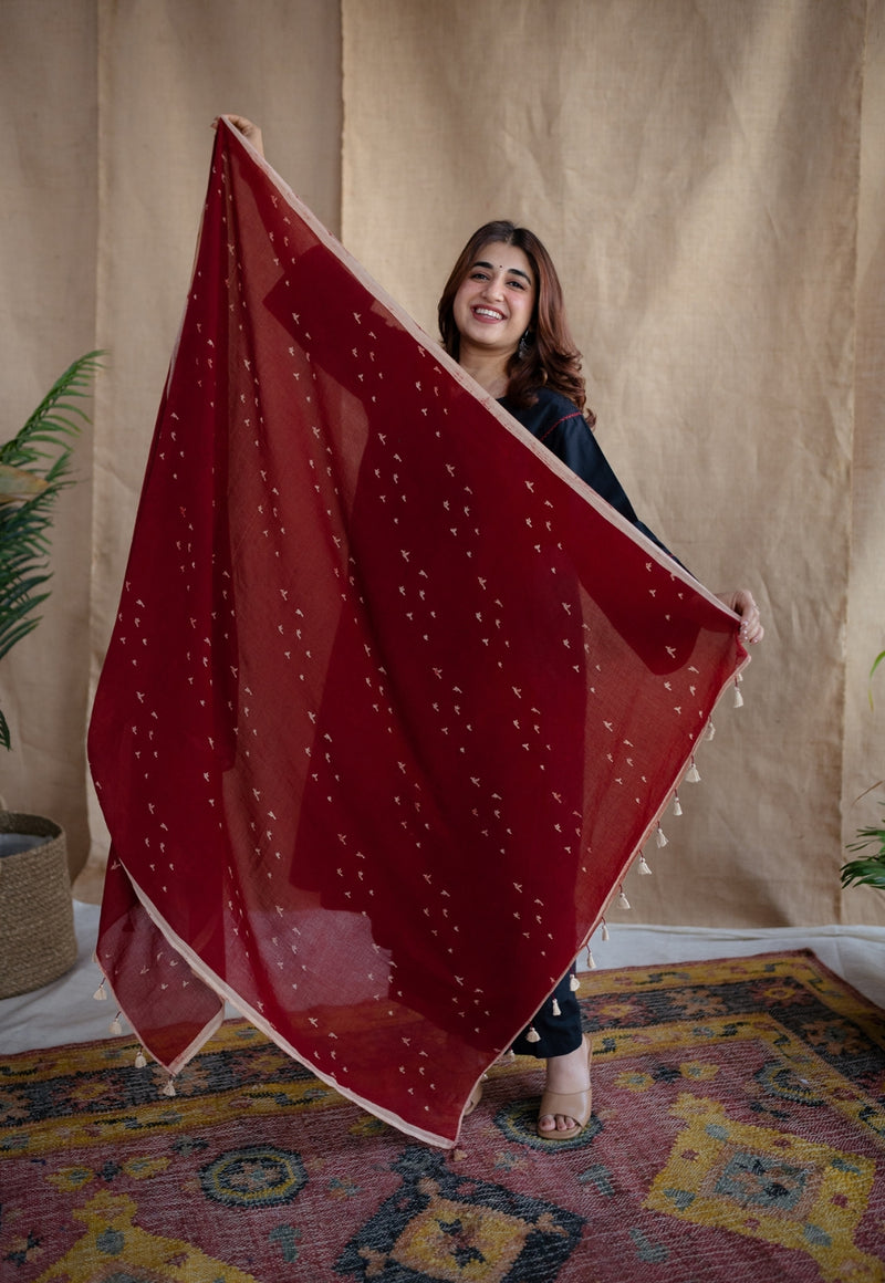 Red Ajrakh MulMul Cotton Dupatta